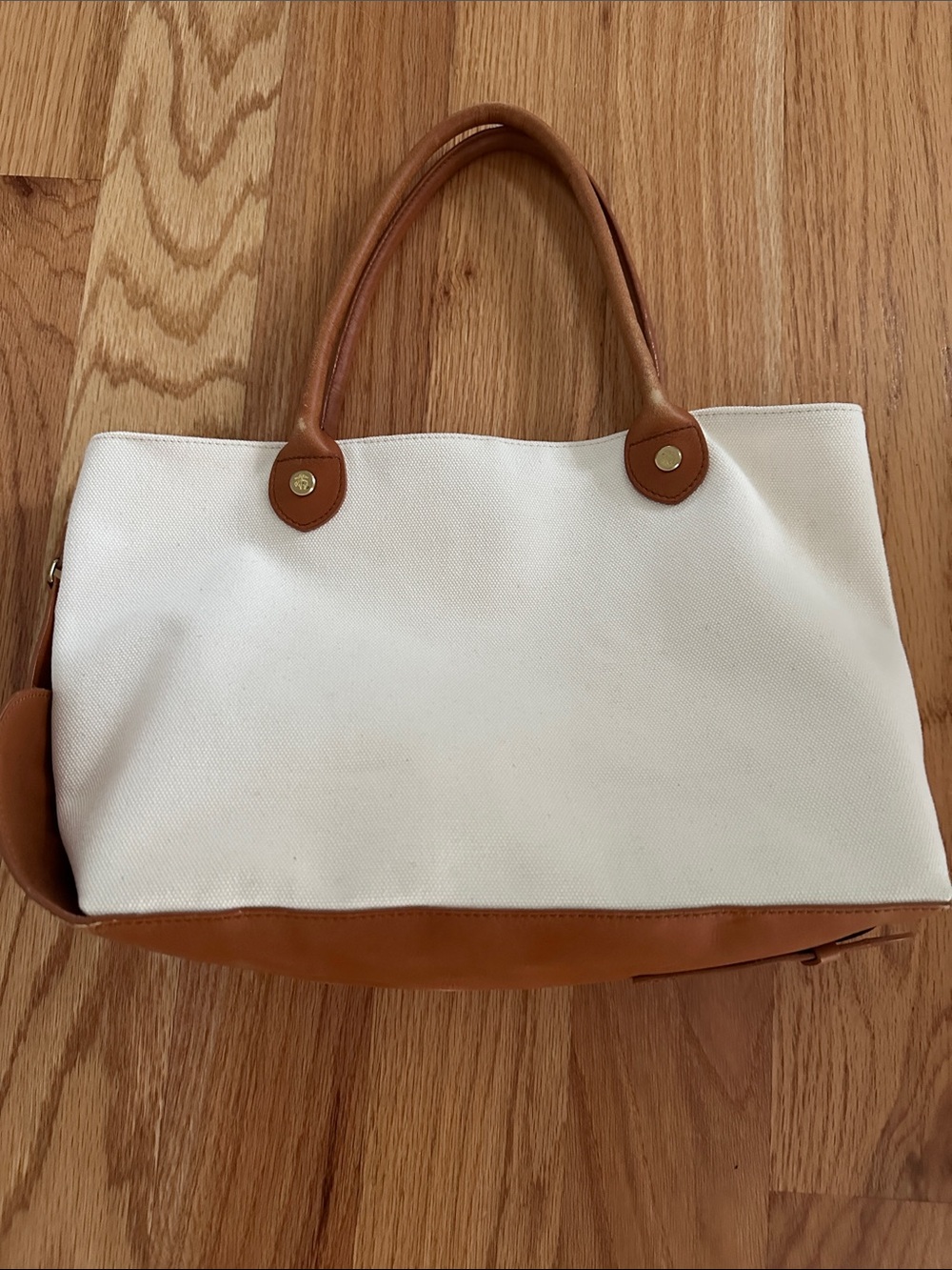 Brooks Brothers Classic White Canvas Tote with Tan Leather Trim
